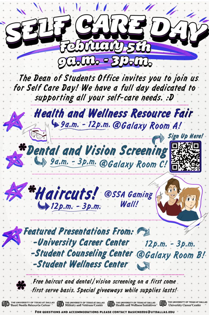 FREE Haircuts, Dental &amp; Vision Screening, Career Readiness, and Health &amp; Wellness Resources! 💈👁️🦷💼🧠

The Dean of Students Office at <a href="/UT_Dallas/">UT Dallas</a>  invites you to join us for Self Care Day next Wednesday, February 5th from 9am - 3pm! 

#UTD #Military #SelfCare