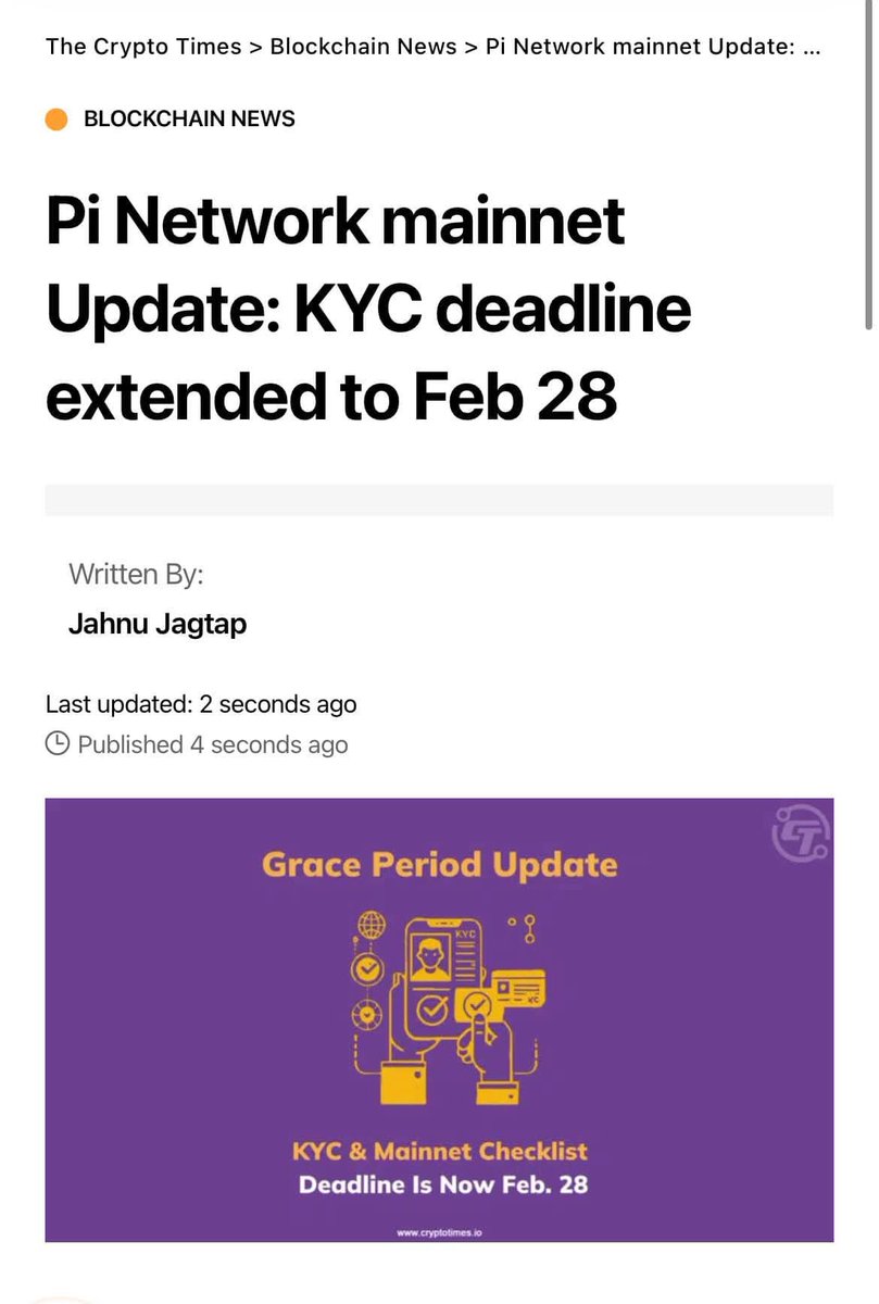 🚨 Pi Network Mainnet Update: KYC Deadline Extended to February 28 Crypto  Times Pi Network has extended the deadline for Know Your Customer (KYC)  verification and Mainnet migration. The new KYC deadline