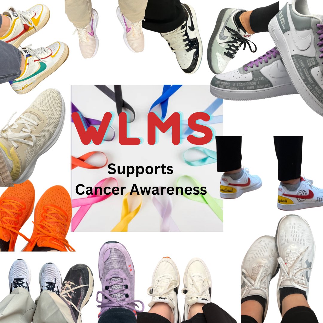 WLMS staff participated in their annual Schools vs. Cancer event. Staff wore tennis shoes w their work attire to represent the walk/support for past and present cancer patients. A donation will be made to Cancer Research. #ONE  #wlcardpride 🟥👟🟨