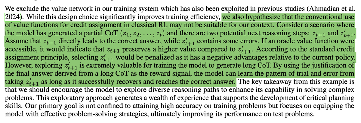 rushilbhat's tweet photo. The recent Kimi paper gives really nice intuition on why MCTS failed for R1.

In AlphaGo the value function was necessary to steer the system towards a strategy that was difficult to exploit—optimal for adversarial play. 

For language models straight-line drives of optimal actions seem actually counterproductive. ‘Mistakes’ allow for reflection and backtracking, increasing inference compute by extending the CoT and triggering more forward passes.