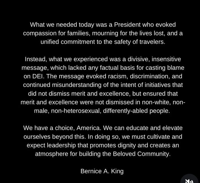 RISunshine's tweet photo. .@BerniceKing's statement on the #DCACrash is the truth we all need right now 💯 #AviationSafety #BelovedCommunity RP🗣️https://t.co/XuTh8Eu2J4 https://t.co/scq83P1Zsm
