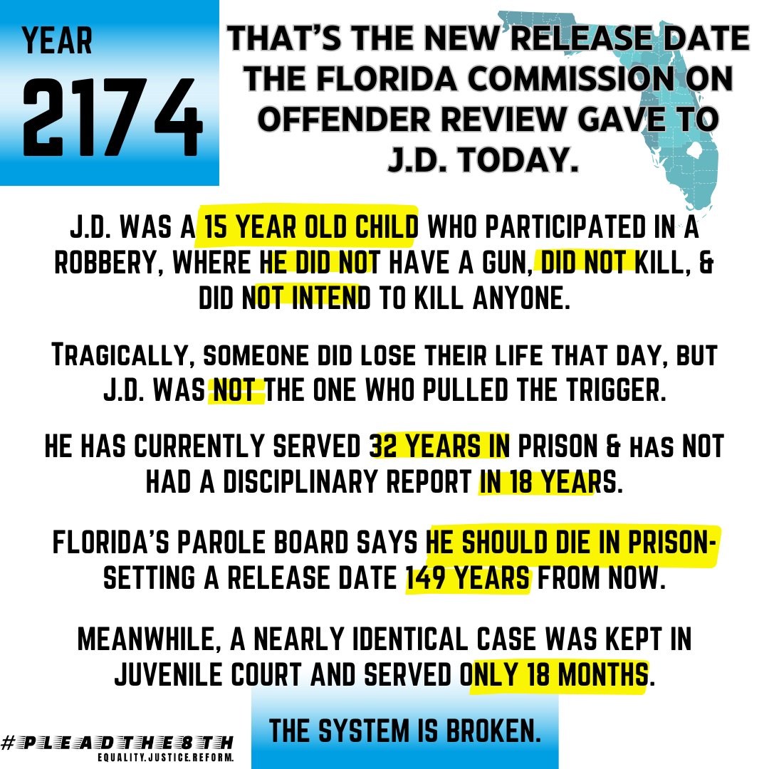 pleadthe8th's tweet photo. They call it 'life with parole,' but in Florida, parole is just an illusion—something that exists on paper, not in reality. This is why Florida’s parole system for juveniles is being challenged in federal court and why parole-eligible youth must be included in the juvenile review law.

A system that never actually grants parole is unconstitutional. Where is the meaningful opportunity for release based on maturity and rehabilitation? The law must change to ensure all children—whether sentenced to parole or not—have a fair second chance.

Also, thank you @FreeMyStevePRR for attending and advocating for JD! 
#EighthAmendment #JuvenileJustice