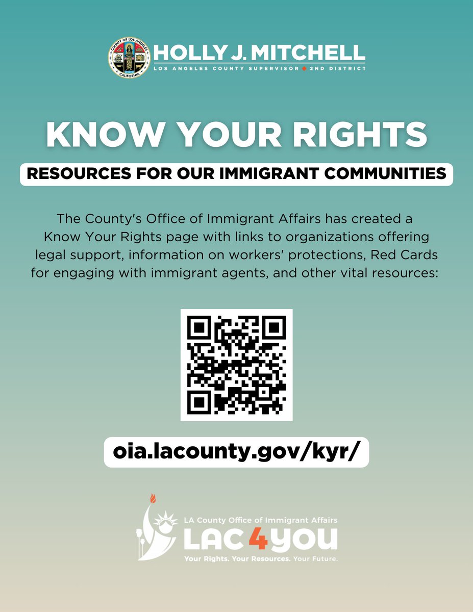 Every person, regardless of their immigrant status, has fundamental rights. The County's Office of Immigrant Affairs has created a Know Your Rights page with links to organizations offering legal support, information on workers' protections, Red Cards for engaging with immigrant