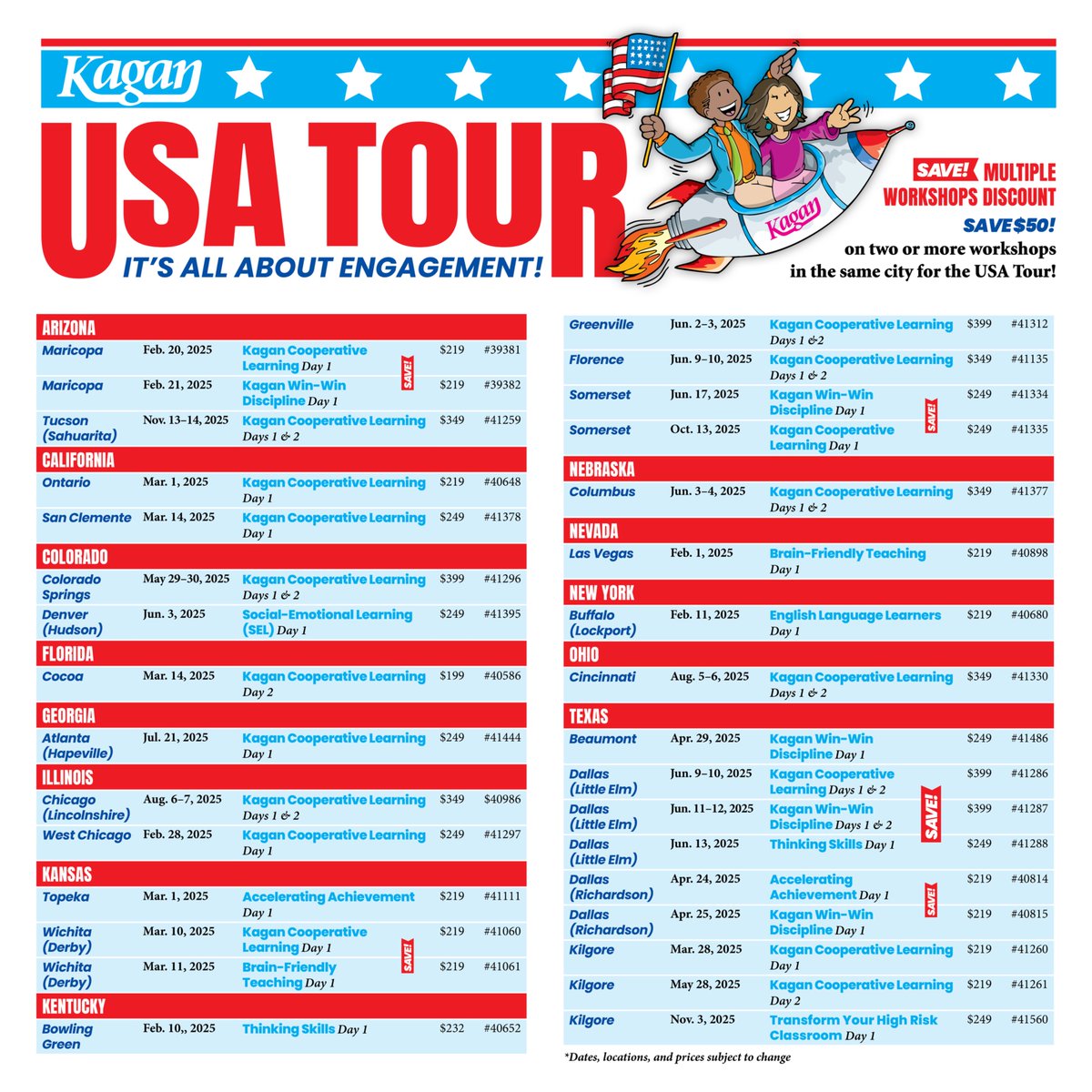 KaganOnline's tweet photo. The Kagan USA Tour is BACK with a fresh new look 🚀 We’re heading to 13 states, including exciting NEW cities added to the lineup! 🇺🇸✨
Check out our schedule of upcoming events: https://t.co/5jgDYG7w1m
#kagan #teacherPD #cooperativelearning #teacherevents #KaganUSATour https://t.co/uvIQ01NhyN
