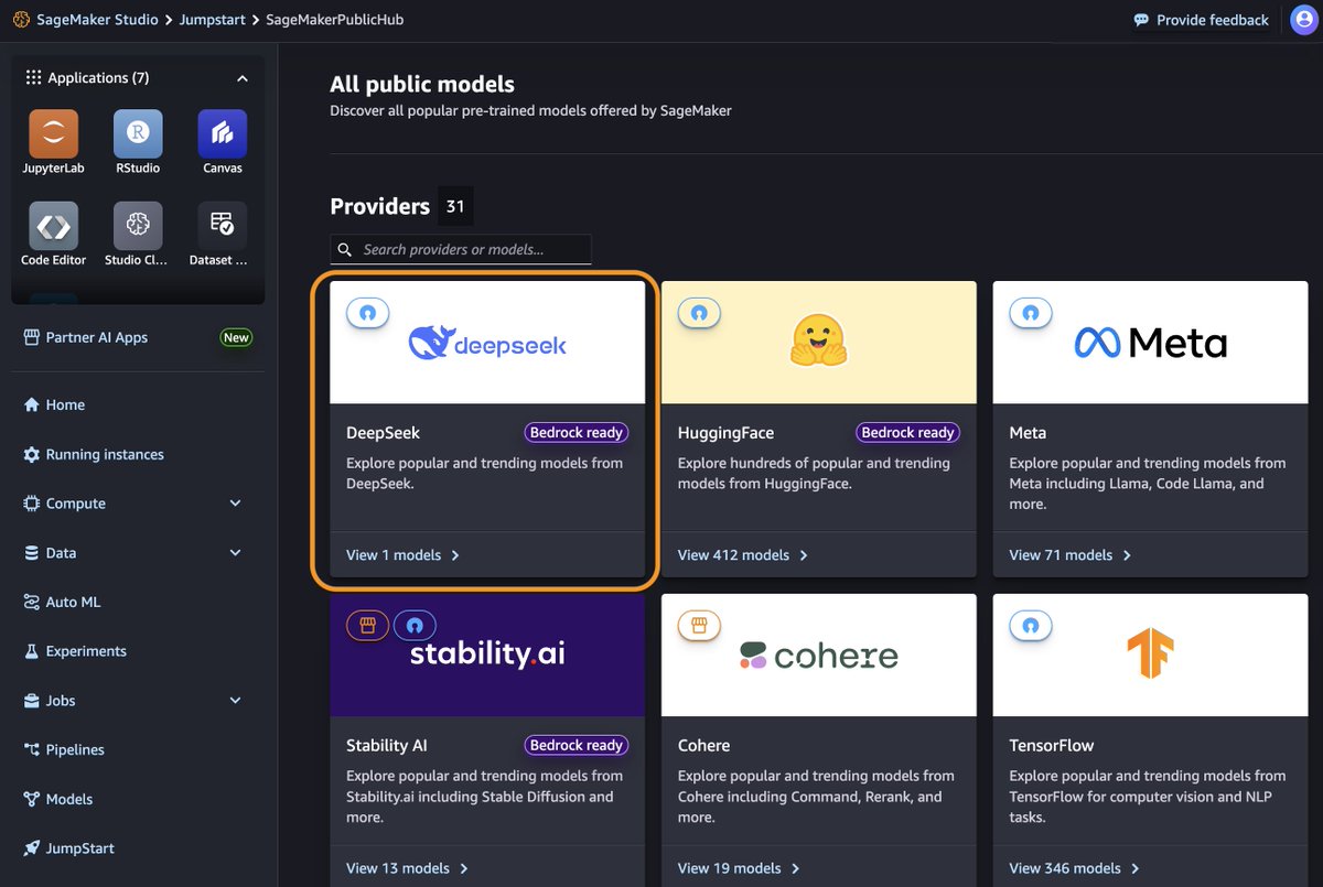 Swami Sivasubramanian (@swamisivasubram) on Twitter photo 🚀 We just launched even more ways to for customers to deploy DeepSeek-R1 models on <a href="/awscloud/">Amazon Web Services</a>: aws.amazon.com/blogs/aws/deep…
🟠 Amazon Bedrock Marketplace for DeepSeek-R1
🟠 Amazon SageMaker JumpStart for DeepSeek-R1
🟠 Amazon Bedrock Custom Model Import for DeepSeek-R1 distilled 🚀 We just launched even more ways to for customers to deploy DeepSeek-R1 models on <a href="/awscloud/">Amazon Web Services</a>: aws.amazon.com/blogs/aws/deep…
🟠 Amazon Bedrock Marketplace for DeepSeek-R1
🟠 Amazon SageMaker JumpStart for DeepSeek-R1
🟠 Amazon Bedrock Custom Model Import for DeepSeek-R1 distilled