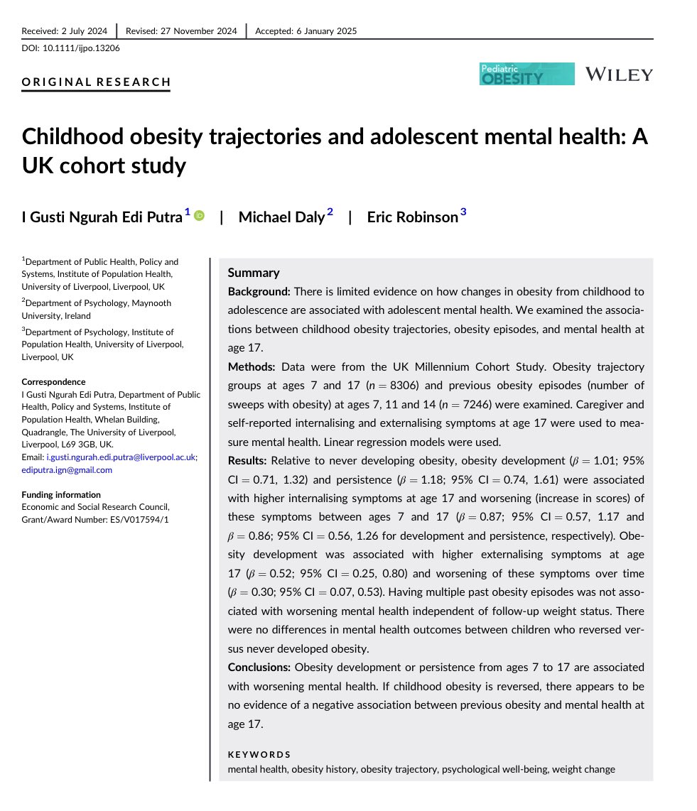 🚨 My latest paper on childhood #obesity and adolescent #mentalhealth, using <a href="/CLScohorts/">UCL Centre for Longitudinal Studies</a>’ MCS data 🇬🇧! 

🔖Previous childhood obesity may not be linked to adolescent MH if obesity is reversed by adolescence.

<a href="/EASOobesityECN/">EASO Early Career Network</a> <a href="/EASOobesity/">EASO</a> <a href="/UK_ASO/">Association for the Study of Obesity UK</a>

👉doi.org/10.1111/ijpo.1…