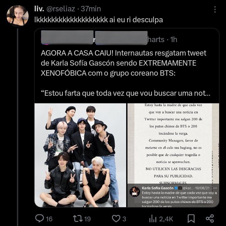 huhagustd's tweet photo. E mais uma vez o segundo fandom do bts ta defendendo xenofobia como se as favs deles não fossem asiáticas também, mais um caso isolado 

#KarlaSofiaGasconIsOverParty https://t.co/LwKIpknlYj