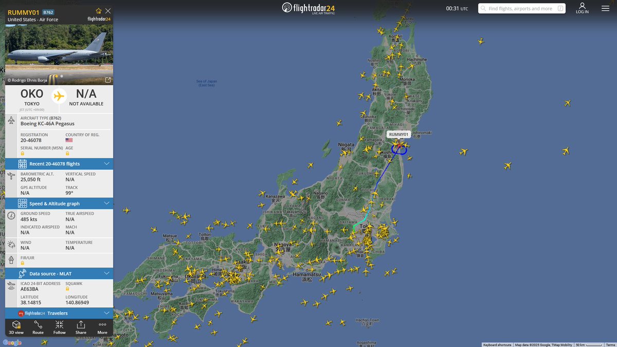 AIYeyENGDdJkjTr's tweet image. Jan. 31, 2025
#Tokyo Yokota Air Base ==&amp;gt; 

#RUMMY01 #AE63BA USAF KC-46A Pegasus
