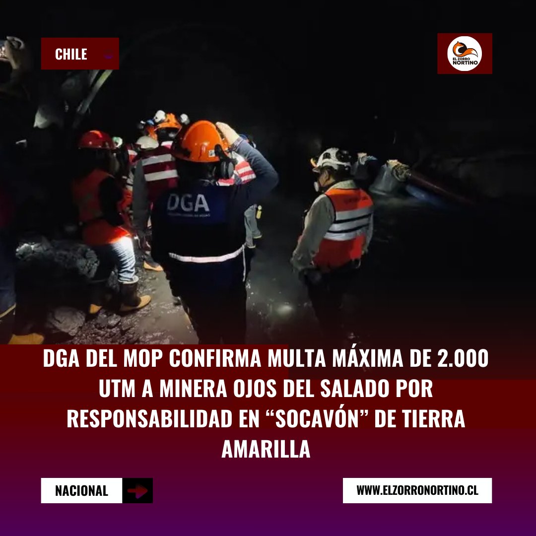 Elzorronortino's tweet photo. DGA del MOP confirma multa máxima de 2.000 UTM a Minera Ojos del Salado por responsabilidad en “socavón” de Tierra Amarilla

https://t.co/YgPH6wIYnl

#atacama #Elzorronortino #seguidores #destacarme #todos #NoticiasdeHoy https://t.co/GgFogh3uTc