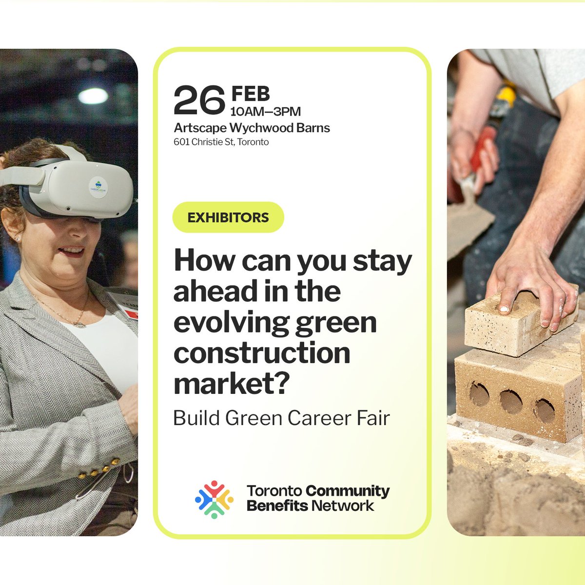 Question to Exhibitors - How can you stay ahead in the evolving #greenconstruction market

Join the #BuildGreenCareerFair on Feb 26 to make an impact

RSVP: buildgreen.employerportal.ca/exhibitors

Thank You <a href="/ACCESEmployment/">ACCES Employment</a> , <a href="/AtmosphericFund/">The Atmospheric Fund</a> , <a href="/LabourEduCentre/">Labour Education Centre</a> and <a href="/LEF_TO/">The Learning Enrichment Foundation</a> 

#communitybenefits