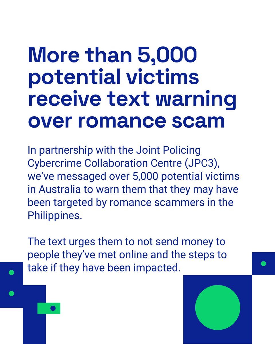 In 2024, Australians reported losing $23.6 million to romance scams to Scamwatch. Together with the Joint Policing Cybercrime Collaboration Centre (JPC3) led by the <a href="/AusFedPolice/">AFP</a>, we’ve taken action to warn potential romance scam victims. nasc.gov.au/news/more-than…