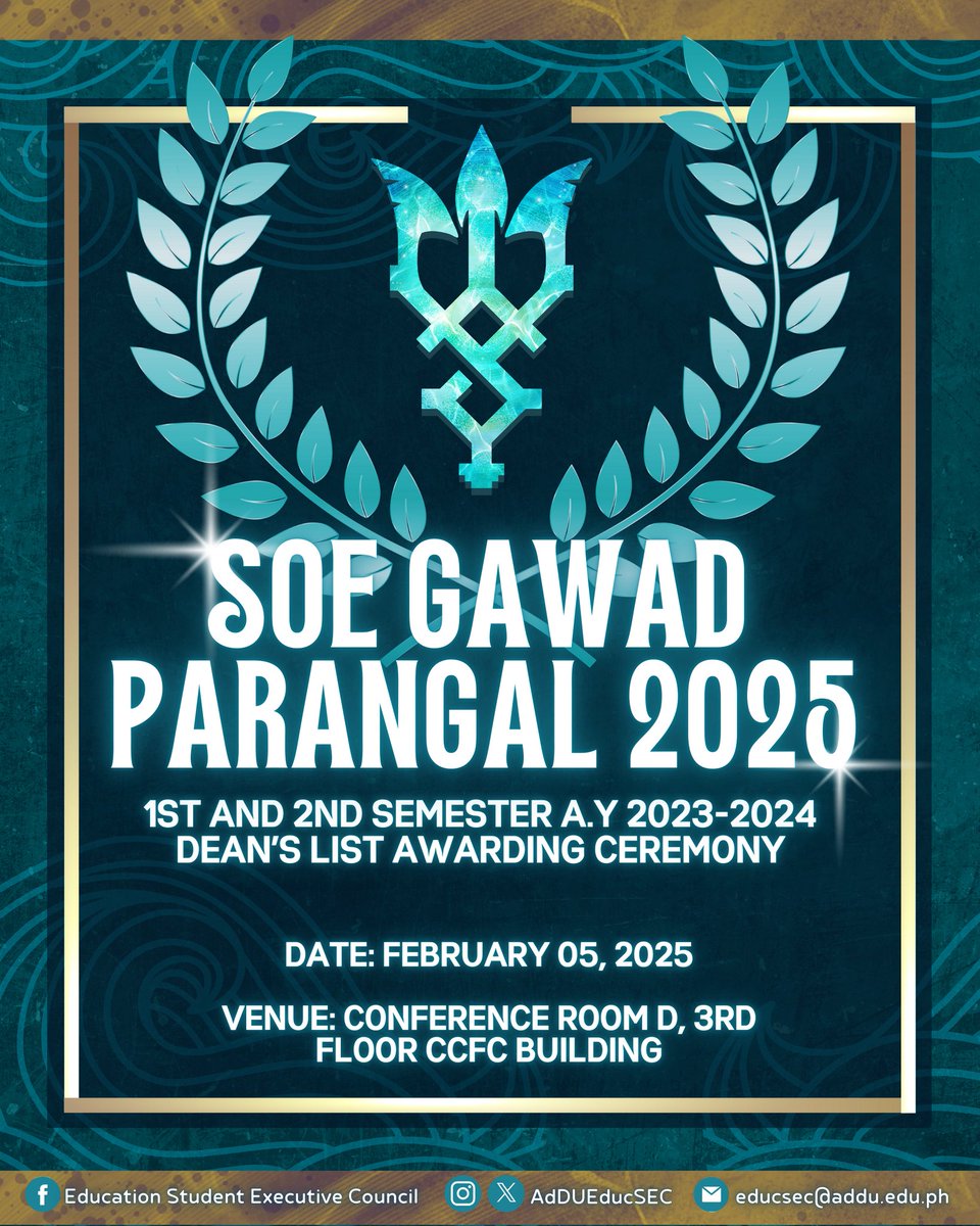 AdDUEducSEC's tweet photo. Set sail for success!✨ 

On Feb 5, 2025, we’ll be celebrating the achievements of our students at the 𝐒𝐎𝐄 𝐆𝐚𝐰𝐚𝐝 𝐏𝐚𝐫𝐚𝐧𝐠𝐚𝐥 𝟐𝟎𝟐𝟓 awarding ceremony.  

Anchors aweigh to a day of recognition! 🌊🎓

#KingoftheSeas 🔱 https://t.co/wPwqUVujvb