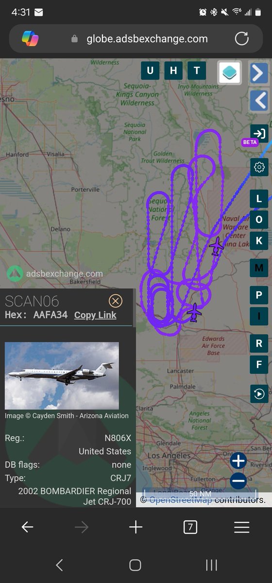 norb420's tweet photo. #AAFA34 as #SCAN06
#AAF67D as #SCAN05
#A19F14 as #N203VS
Northrop-Grumman's testbeds and Cslspan's lear-25 up playing together. NG birds came from Nellis AFB KLSV and CALSPAN from Edwards AFB KEDW. https://t.co/5yMmINMdr1