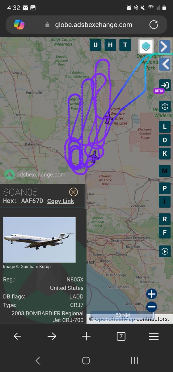 norb420's tweet photo. #AAFA34 as #SCAN06
#AAF67D as #SCAN05
#A19F14 as #N203VS
Northrop-Grumman's testbeds and Cslspan's lear-25 up playing together. NG birds came from Nellis AFB KLSV and CALSPAN from Edwards AFB KEDW. https://t.co/5yMmINMdr1