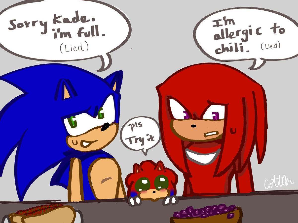 knuxsonik's tweet photo. Kade tries his parents favorite food !! 🫣 

#Sonknux #Knuxonic #Sonic #Knuckles 💙❤️ https://t.co/buRIoXoiZ5