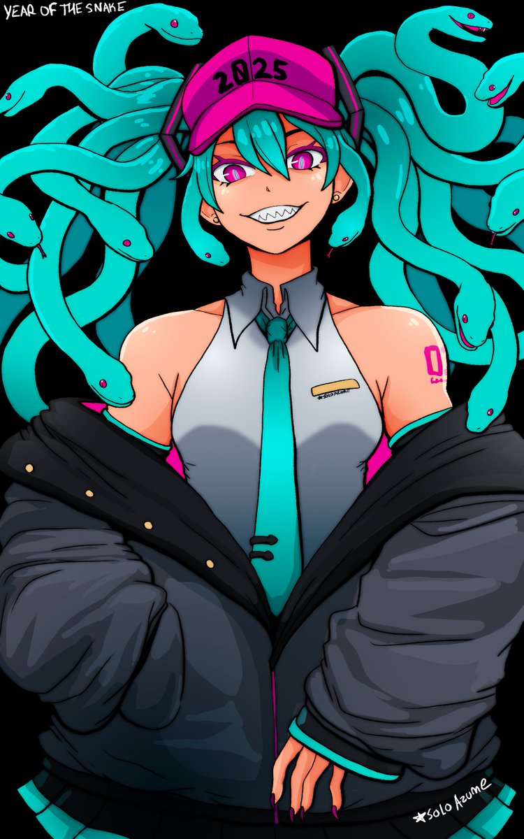 SoloAzume's tweet photo. Gorgon Hatsune Miku. Hatsune Midusa. Sniku, if you will. Couldn't decide between red or pink. 
Happy lunar new year! 🐍✨ 
#HatsuneMiku  #VOCALOID https://t.co/TRkYLJtbhI