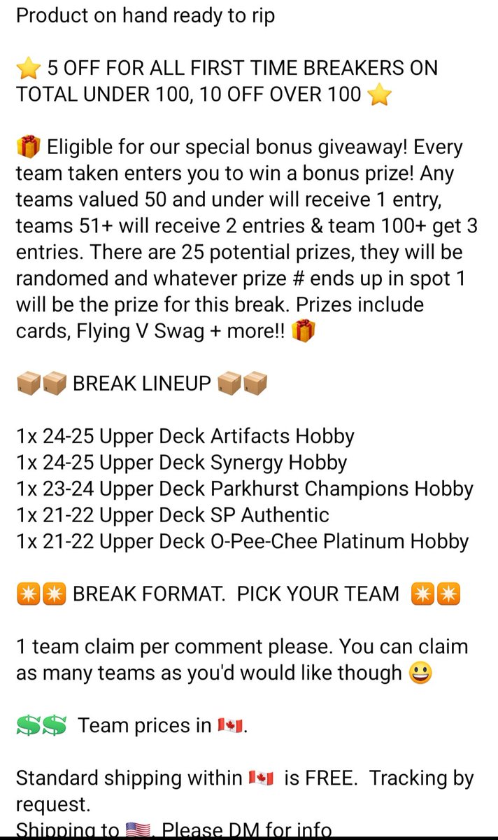 🔥 Join our fun 5 box mixer break! Breaking tonight if sold out! 🔥 

1st time breakers get up to $10 off 😃 

Team prices in 🇨🇦! DM me or comment below to claim teams and be added to our VIP Break Room!