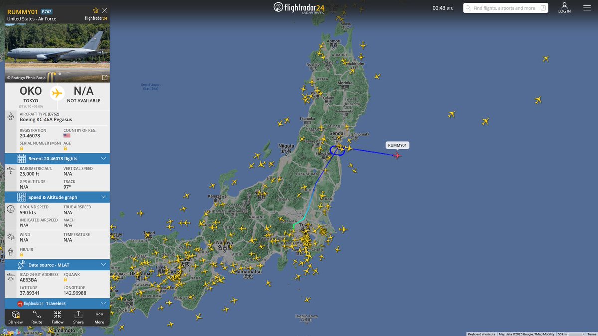AIYeyENGDdJkjTr's tweet image. Jan. 31, 2025
#Tokyo Yokota Air Base ==&amp;gt; 

#RUMMY01 #AE63BA USAF KC-46A Pegasus