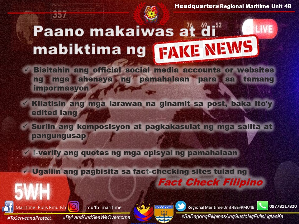 RMU4B's tweet photo. Paano makaiwas at di mabiktima ng FAKE NEWS?

#BagongPilipinas
#ToServeandProtect
#SaBagongPilipinasGustoNgPulisLigtasKa
#ByLandAndSeaWeOvercome https://t.co/9Nz0KyRqOD