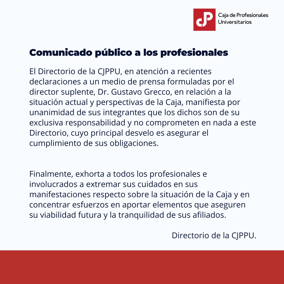 ProfesionalCaja's tweet photo. Comunicado público a los profesionales.

Exhortamos a todos los profesionales a extremar sus cuidados en sus manifestaciones respecto sobre la situación de la Caja y en concentrar esfuerzos en aportar elementos que aseguren su viabilidad futura y la tranquilidad de sus afiliados. https://t.co/Xp40rMgYmv