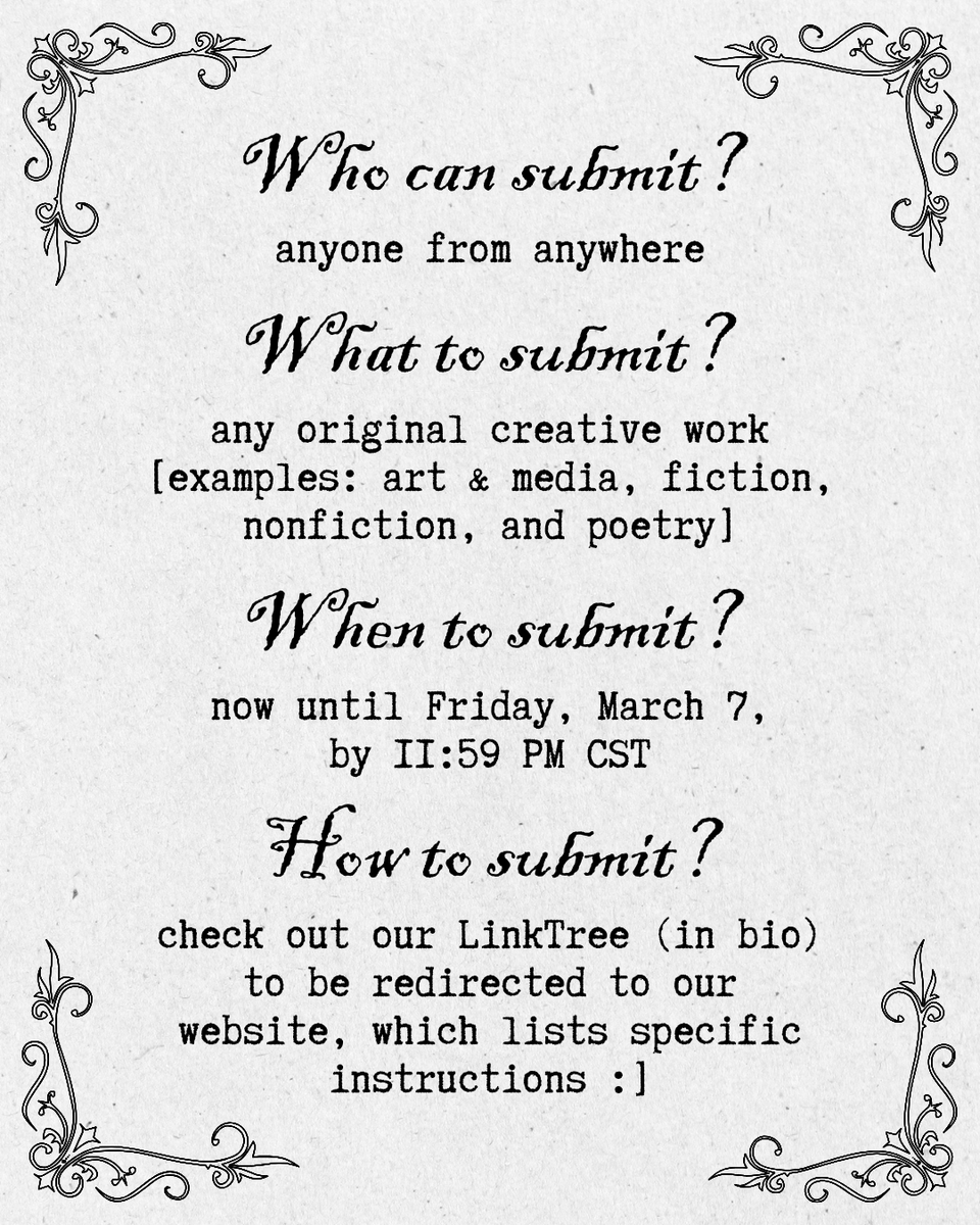 We have exclusively received fiction and poetry submissions, so we would be extra excited to see some art/media and nonfiction in our inbox... 👀 That being said, if you have fiction and/or poetry, definitely still send it in!