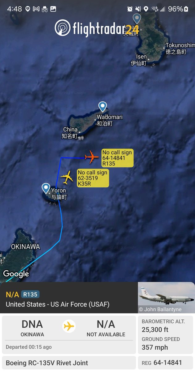Borrowed7Time's tweet photo. USAF RC-135V Rivet Joint 64-14841 #AE01C9 departed Kadena AFB, tracking north. Following is KC-135R 62-3519 #AE07B6 for refueling.
@sipjack1776 @_shrimpsisbugs https://t.co/RaiEJP17Hq
