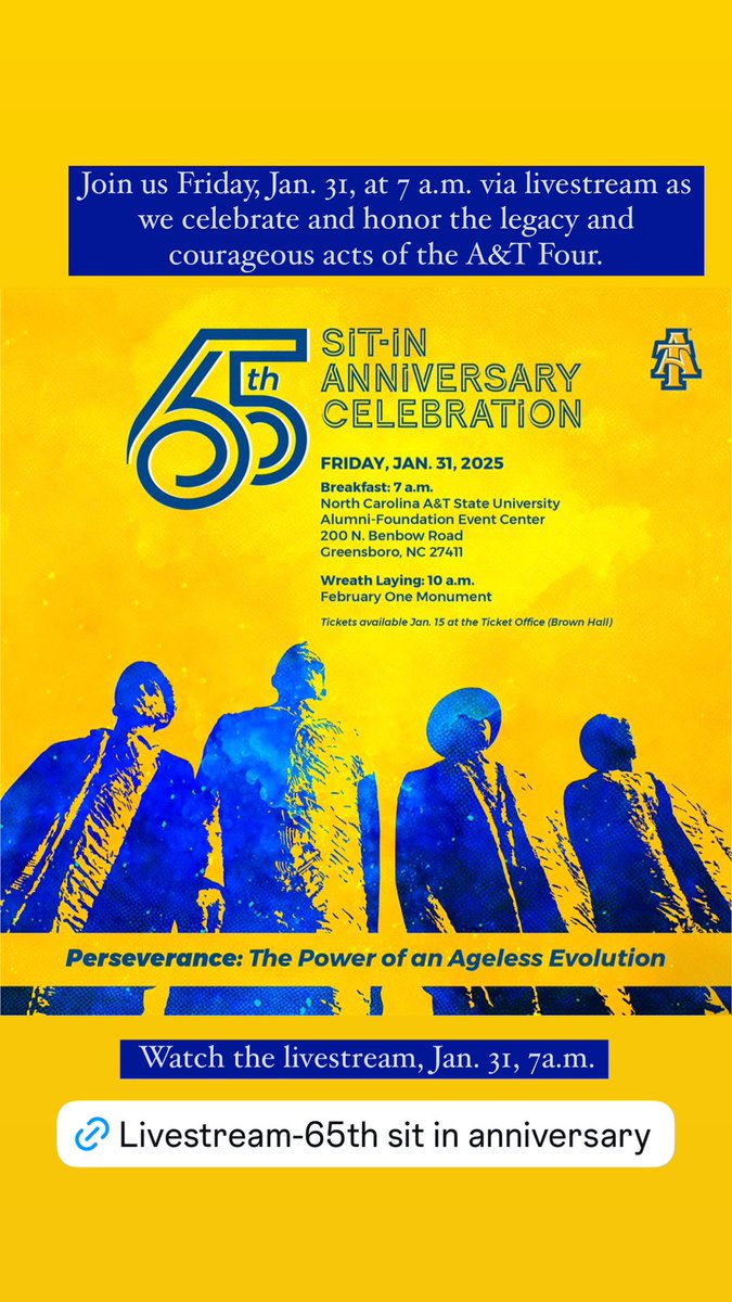 ncatsuaggies's tweet photo. Join us at 7 a.m. via livestream as we celebrate &amp; honor the legacy and courage of the A&amp;T Four who staged a sit-in at Woolworth's lunch counter in Greensboro, on Feb. 1, 1960. The four young men sparked a nat’l movement &amp; historical change. Watch
https://t.co/m9J4K5bAq4 https://t.co/aet3VpaeNg