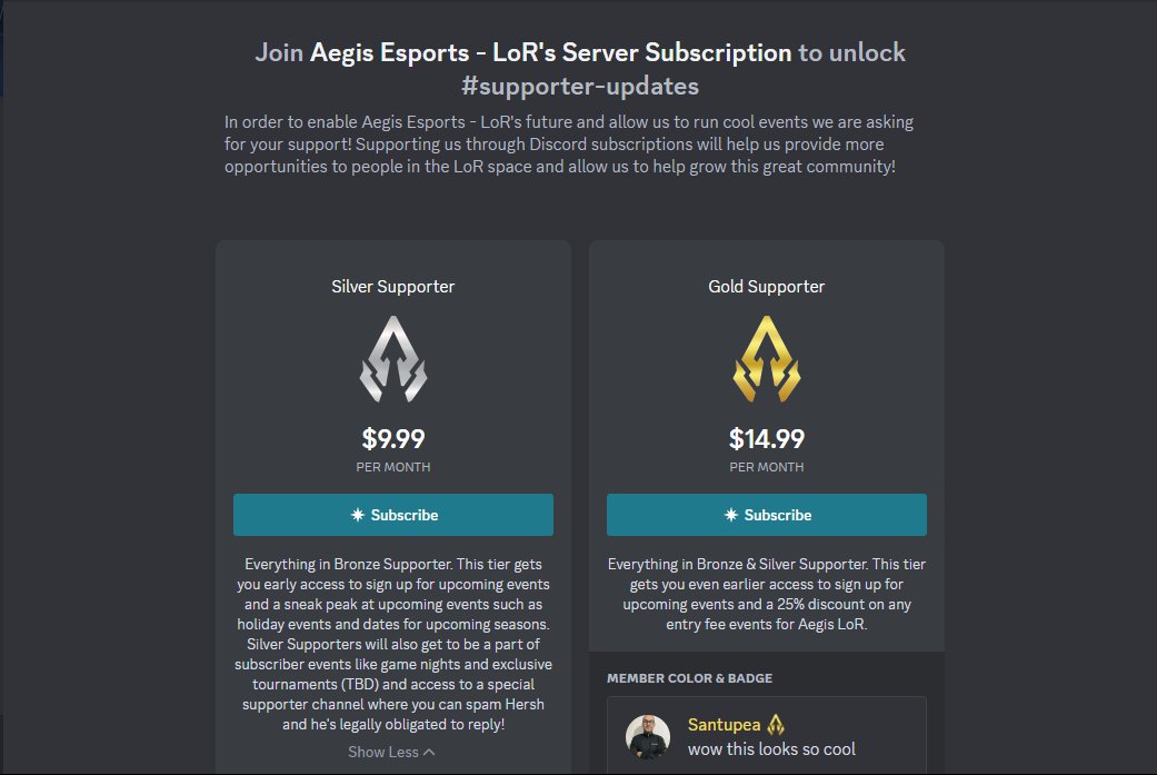 For all <a href="/PlayRuneterra/">Legends of Runeterra</a> people, you now have the possibility to SUPPORT the best #LegendsOfRuneterra community.

<a href="/AegisEsportsLoR/">Aegis Esports - Legends of Runeterra</a> is offering two ways to support on their Discord account.

Supporting them will be a way for the competitive #LoR to survive.