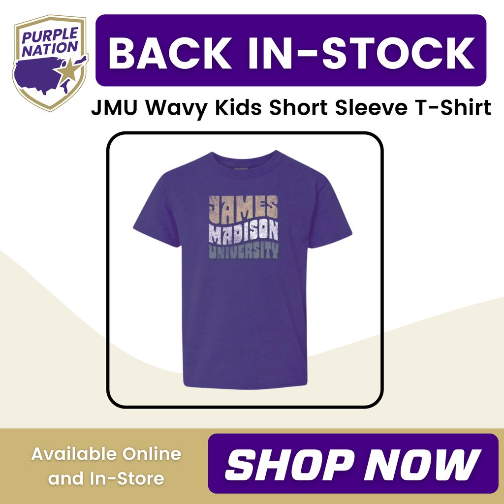 yourpurplestore's tweet photo. ๐จ Back in stock! ๐จ
The JMU Wavy Kids Short Sleeve T-Shirt is available online and in-store.
Get yours now: https://t.co/Ffsd1Hexi8
#jmu #jmudukes #GoDukes #jmualumni #jmufootball #paintedtree #paintedtreevendor #paintedtreedulles #smallbusiness https://t.co/NpgdNvwNXW