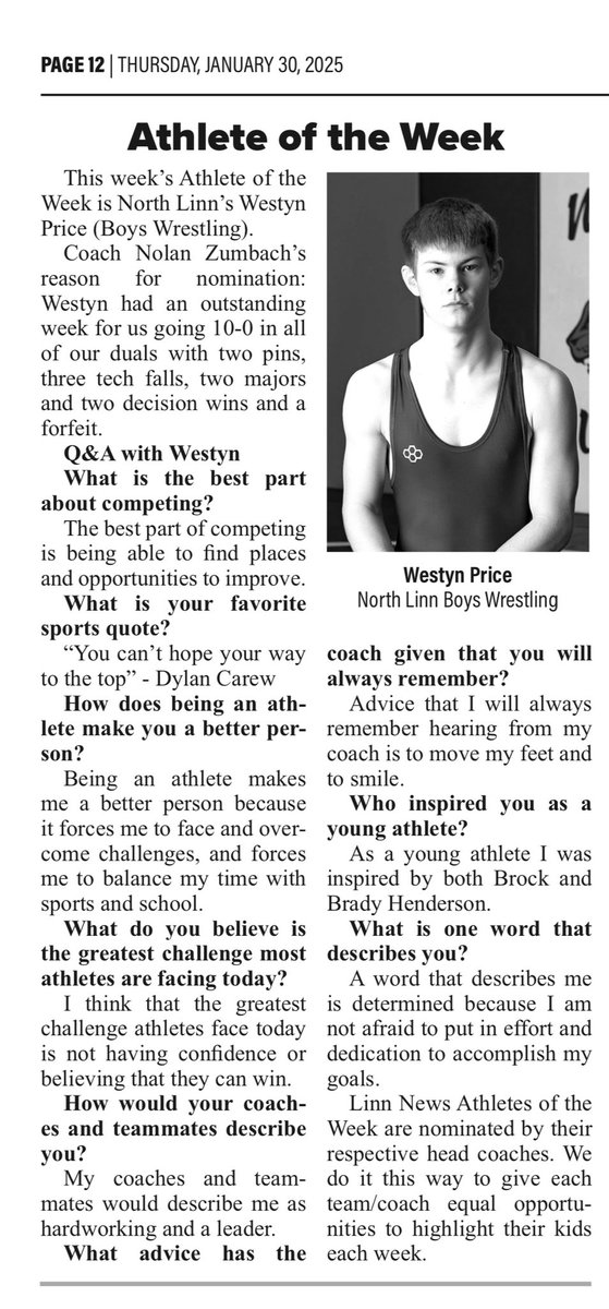 Congratulations to Westyn Price for being named Linn News Athlete of the week!