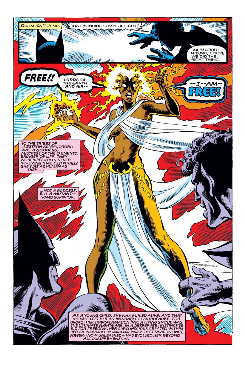 balvog's tweet image. X-Men #147 (1963)
The X-Men escape Doom’s traps and frees Storm (she was basically trapped in carbonite), who becomes one with the elements and declares herself a god.
Colossus deescalates, and as Storm returns to normal, Doom hits on Storm again and allows Arcade to go free.