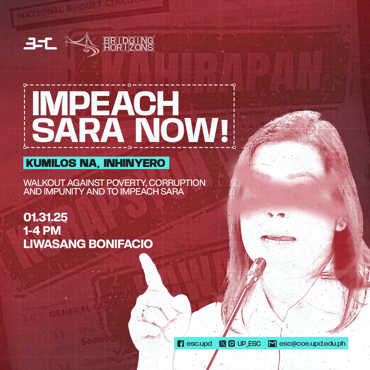 🔥 KILOS NA, INHINYERO! 🔥

WALKOUT AGAINST POVERTY, CORRUPTION AND IMPUNITY AND TO IMPEACH SARA

TARA, MAKILAHOK!

📅 Date: January 31, 2025 TODAY
🕒 Time: 1-4 PM
📌: Liwasang Bonifacio

#ImpeachSara
#MarcosSingilin
#DutertePanagutin
#SaraPatalsikin
#ESC2425