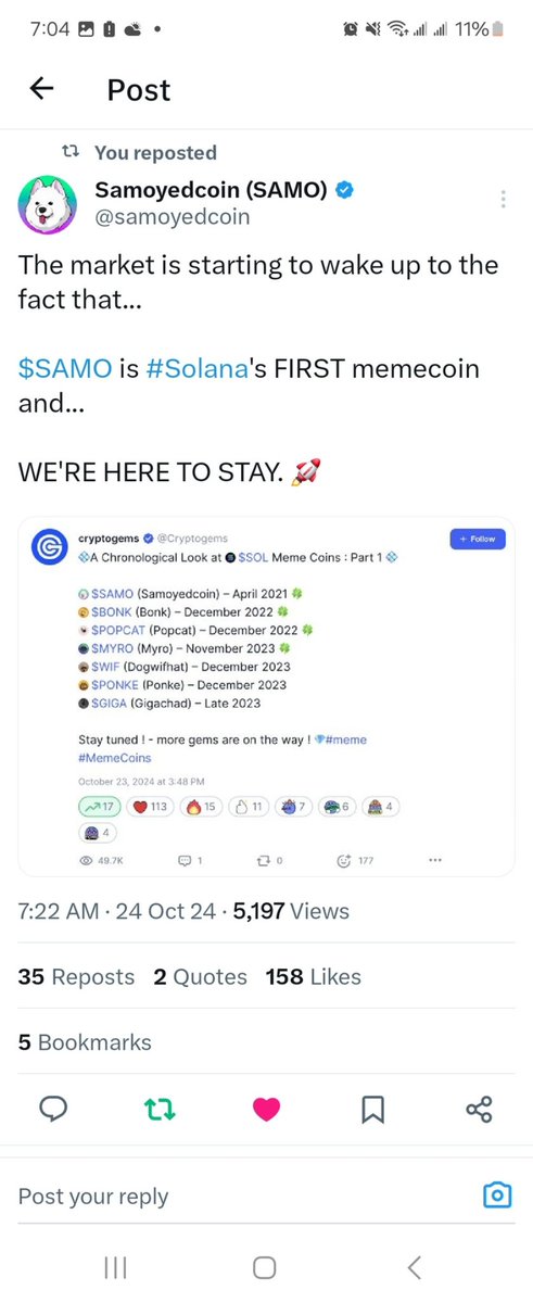ColeBartiromo's tweet photo. My top crypto holdings besides bitcoin, chainlink & cronos, for massive multiplier potential are:

$samo is absolutely going to rocket when the og meme era returns, which I'm hearing everywhere is going to happen. I've been loading up for 3 years on $samo & it's just a matter of time before it's finally appreciated for the og historical relic as the first solana meme coin. With $solana more popular by the day, the first solana meme coin holds massive value. Holders of $doge $shib $bonk $pepe $wif $pnut $chill & a bunch of other billion dollar meme coins can't multiply anymore & those holders are starting to realize that $samo is absolutely the best value & best potential to go parabolic like all of those already have. As whales look to find a og hidden gem, it's @samoyedcoin as it's survived the crypto winter & is 4 years old & at 20mil market cap is beyond amazing value & exciting 100z potential. As one of the biggest whales of $samo who has never sold 1 cent of it, I will keep accumulating.  & a lot of samo holders message me telling me they are continuing to load up like the example I've attached. In the video, I show my samo holdings as well as my 3 favorite plays that if am also loading up on after I exited $lea by making more than anyone else to hold it & the red flags of it make me get out. Very excited for $alch $flower $edwin to all multiply, with $edwin easily capable of 100x very soon as it's only a week old & already 1000 members in it's telegram.

@coinbase @cryptocom
@binance will all eventually list $samo if you wait until then it will be too late for you. Get your bag of $samo now by swapping solana for $samo on @phantom wallet or direct exchange like @krakenfx @Gemini @kucoincom