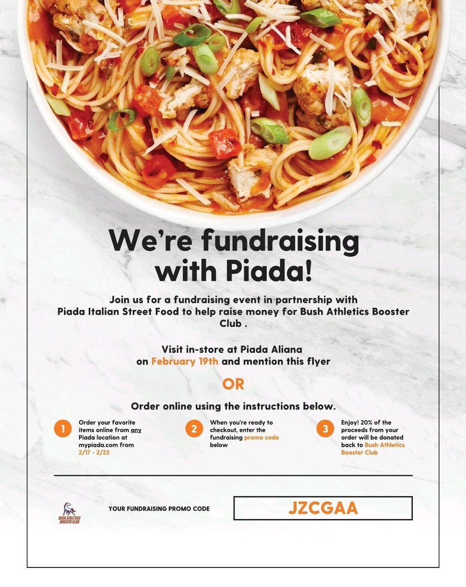 BushAthleticsBC's tweet photo. Save the date! The Bush Broncos Athletics Booster Club will be having our Piada Spirit week 2/17 - 2/23 with a spirit night on 2/19! Please share with family, friends, and community members. @BHS_Broncos @Bush_Athletics #BroncosCountryβ―β―β― #GiveBack #gbhs #bushbroncos https://t.co/SZOSCbH9k2