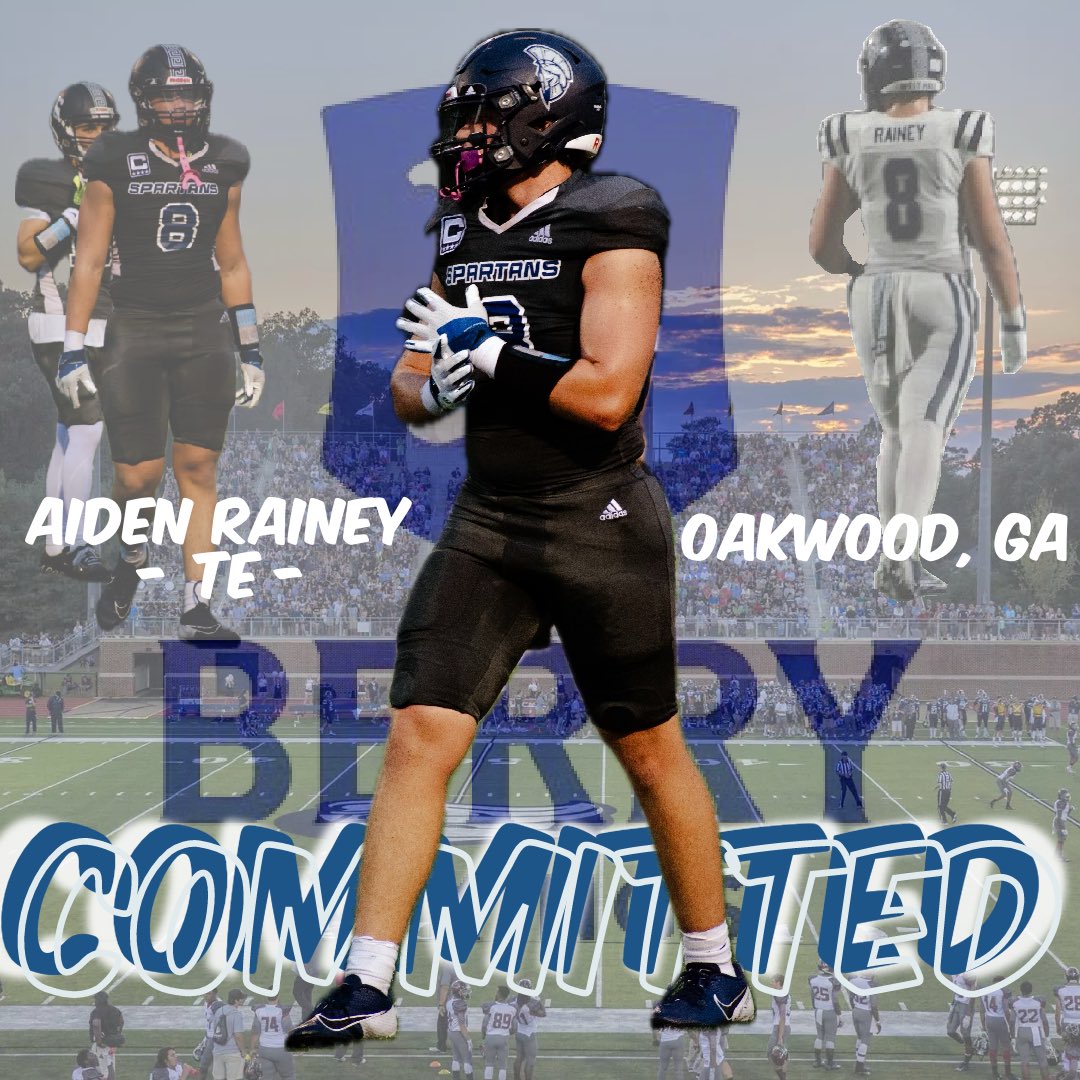 Aiden (@aiden_rainey86) on Twitter photo I’m super blessed and humbled to announce that I am 110% committed to <a href="/BerryFootball/">Berry Football</a> ! Extremely excited to see what the future holds there and grateful to be able to join the brotherhood!!
<a href="/coachargote53/">Bryant Argote Jr</a> <a href="/KroftonM/">Coach Montgomery</a> <a href="/CoachCrawfordWH/">Alex Crawford</a> <a href="/pride1108/">Andrew Johnson</a> <a href="/TimD237/">Tim Doster</a> <a href="/WHSpartansFB/">West Hall Football</a> <a href="/BCCoachK/">Tony Kunczewski</a> I’m super blessed and humbled to announce that I am 110% committed to <a href="/BerryFootball/">Berry Football</a> ! Extremely excited to see what the future holds there and grateful to be able to join the brotherhood!!
<a href="/coachargote53/">Bryant Argote Jr</a> <a href="/KroftonM/">Coach Montgomery</a> <a href="/CoachCrawfordWH/">Alex Crawford</a> <a href="/pride1108/">Andrew Johnson</a> <a href="/TimD237/">Tim Doster</a> <a href="/WHSpartansFB/">West Hall Football</a> <a href="/BCCoachK/">Tony Kunczewski</a>