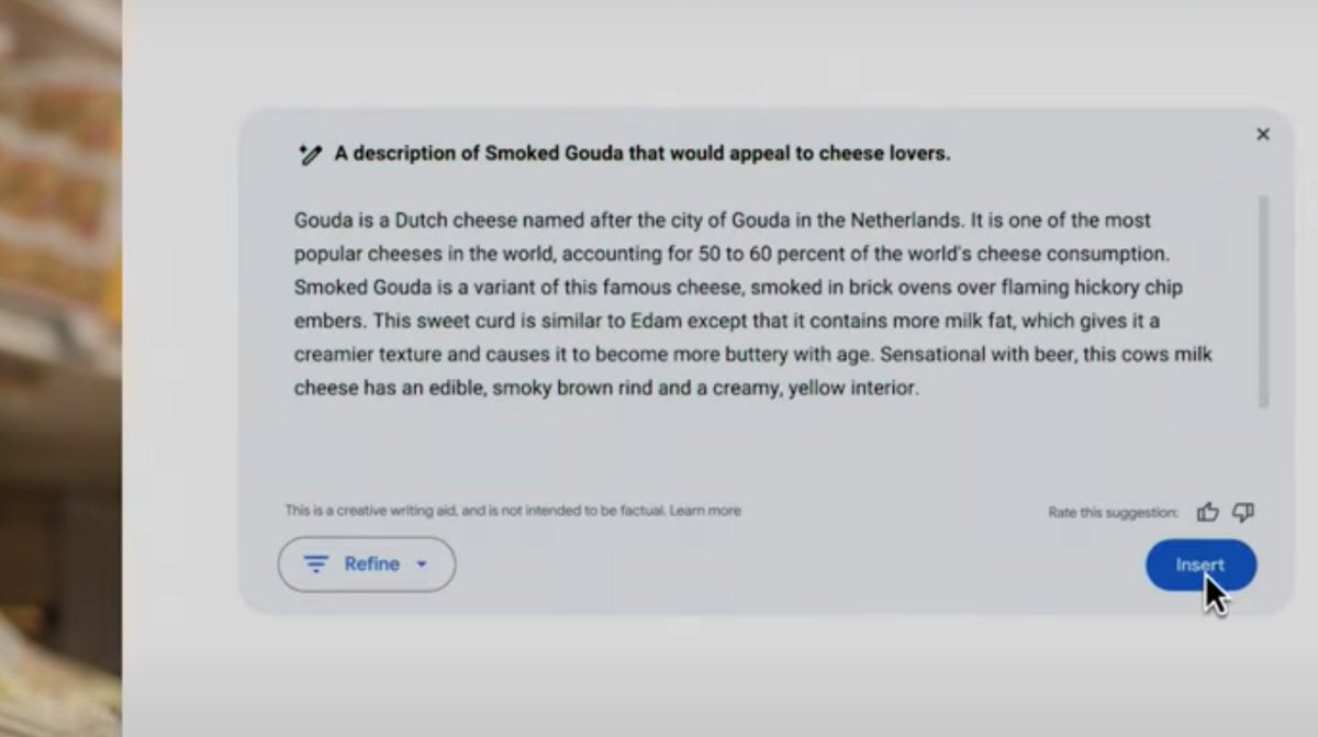natejhake's tweet photo. In Google's Wisconsin local Super Bowl ad, an AI hallucination is shown on screen:  

It says *Gouda* accounts for "50 to 60 percent of the world's cheese consumption."   

Gemini provides no source, but that is just unequivocally false  

Cheddar & mozzarella would like a word 🧀