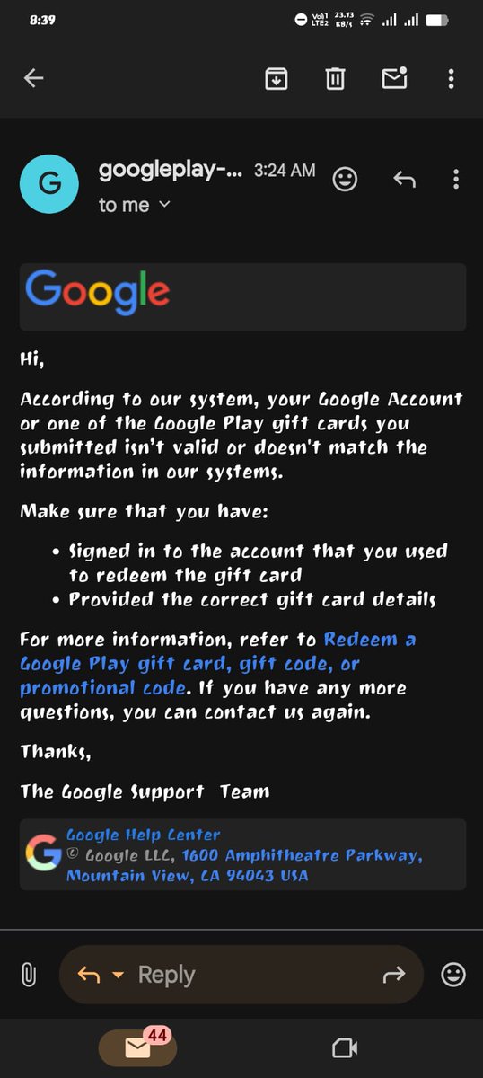 Dushyant870726's tweet image. @PaytmCare I purchased a ₹380 redeem code, which is invalid. Your support only gives auto-replies, no real help.
Now, Google has confirmed via email that the code itself is faulty. This proves the issue is from Paytm's side, not mine.
I demand an immediate refund.