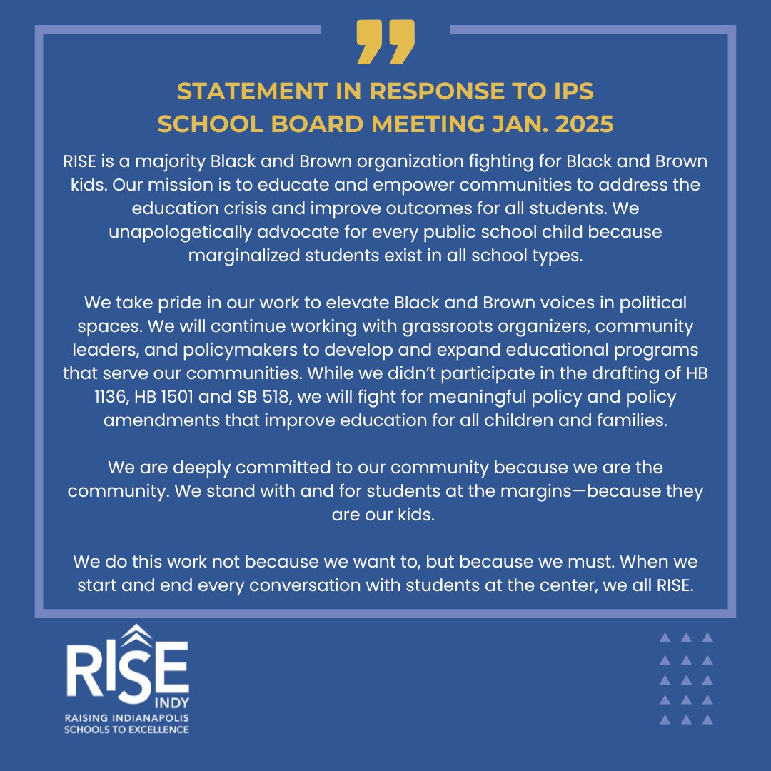 rise_indy's tweet photo. RISE is a majority Black and Brown organization fighting for Black and Brown kids. Our mission is to educate and empower communities to address the education crisis and improve outcomes for all students. We unapologetically advocate for every public school child because marginalized students exist in all school types.