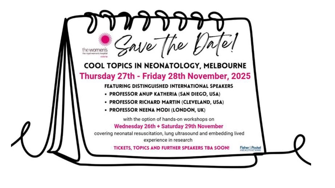 Brett J. Manley 🤷🏼♂️ (@drbretty) on Twitter photo Save the dates for Cool Topics in Neonatology 😎 #neotwitter
November 27-28, Melbourne 🇦🇺 🦘
With:
⭐️ <a href="/NeoAnup/">Anup Katheria</a> 🇺🇸
⭐️ <a href="/NeenaModi1/">Neena Modi</a> 🇬🇧
⭐️ Richard Martin 🇺🇸
… and many more!
Additional workshops and details to be announced in the coming months. Save the dates for Cool Topics in Neonatology 😎 #neotwitter
November 27-28, Melbourne 🇦🇺 🦘
With:
⭐️ <a href="/NeoAnup/">Anup Katheria</a> 🇺🇸
⭐️ <a href="/NeenaModi1/">Neena Modi</a> 🇬🇧
⭐️ Richard Martin 🇺🇸
… and many more!
Additional workshops and details to be announced in the coming months.