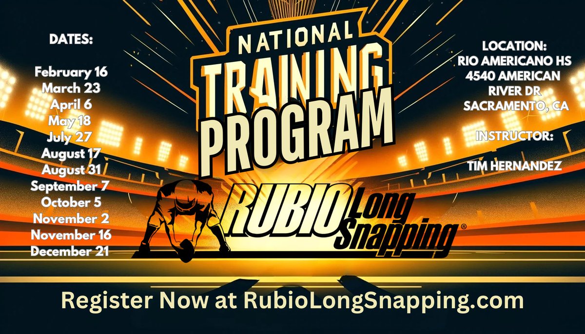 NORCAL Long Snappers Tap In!
I am running the <a href="/TheChrisRubio/">Rubio Long Snapping®</a> 
National Training Program! 
There are big things happening! 

Link for Single Session:  campscui.active.com/orgs/RubioLong…

Link for 3 Pack Bundle:  campscui.active.com/orgs/RubioLong…