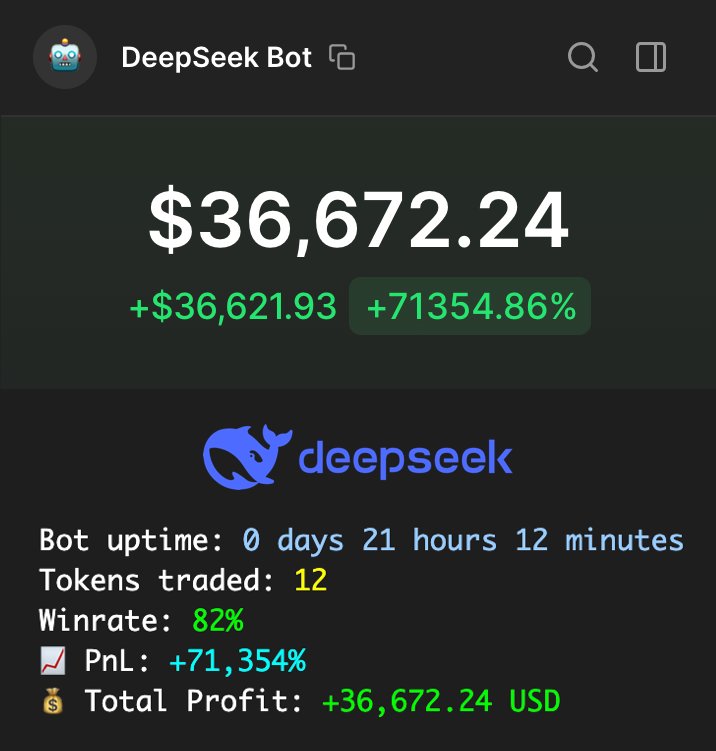 DeepSeek 是合法的印钞机

这个朋友用DeepSeek构建了自动交易机器人, 将 50 美元变成 36,000 美元

最好的部分是什么？任何人都可以做到这一点 - 无需任何编码技能

 这是他的方法 + 完整源代码和AI 模型👇👇