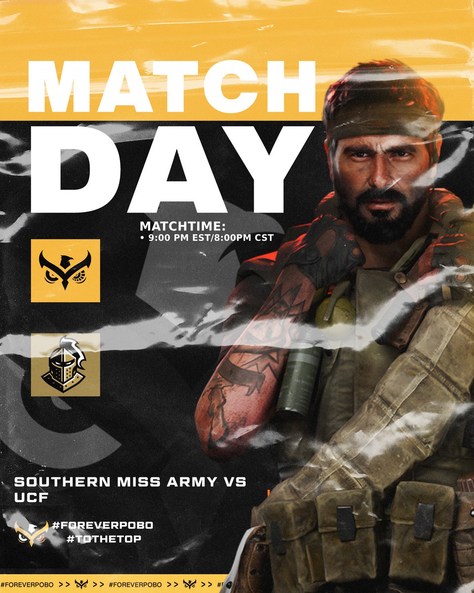 The POBO: Southern Miss boys are facing off against UCF in one of their toughest matches of the split tonight! 

🦉<a href="/Strahann_/">Strahan</a> 
🦅<a href="/KawaAGH/">Kawa</a> 
🦉<a href="/orbzei/">DA BIG ORB</a> 
🦅<a href="/77reignn/">reign</a> 

Wish the boys luck as they climb the ranks of <a href="/CollegeCoD/">College CoD</a>!

#ForeverPOBO | #ToTheTop