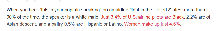 You couldn't pick an industry more dominated by white men then commercial airline pilots. The overwhelming majority are white guys, there's barely any other groups or women. So when the the right tries to say it's DEI or people with disabilities, they're talking about white men