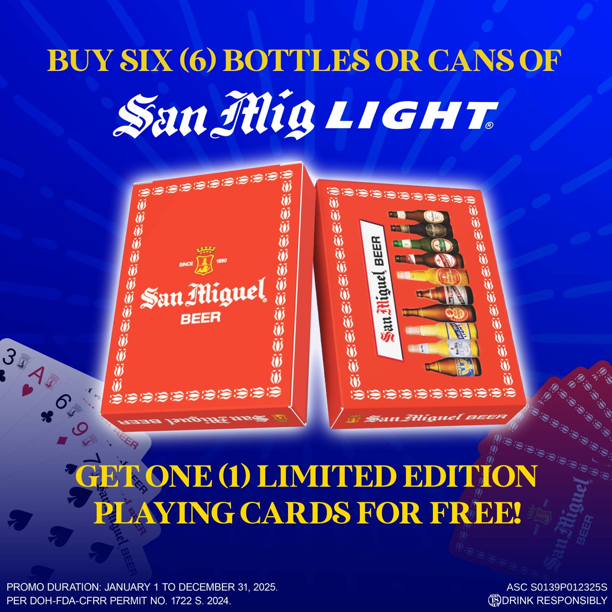 A fan of limited-edition merch? Well, this is your sign to purchase six bottles/cans of San Mig Light, so you can take home a limited-edition set of San Miguel playing cards for FREE! 🍻

ASC S0139P012325S