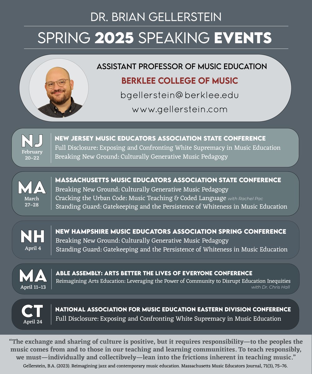 Dr. Brian Gellerstein (@bgellerstein) on Twitter photo I'm thrilled to update my Spring conference schedule thanks to today's acceptance to present at the <a href="/BerkleeCollege/">Berklee College of Music</a> BIAAE ABLE Assembly. I will be presenting Reimagining Arts Education: Leveraging the Power of Community to Disrupt Education Inequities w/ my friend Dr. Chris Hall I'm thrilled to update my Spring conference schedule thanks to today's acceptance to present at the <a href="/BerkleeCollege/">Berklee College of Music</a> BIAAE ABLE Assembly. I will be presenting Reimagining Arts Education: Leveraging the Power of Community to Disrupt Education Inequities w/ my friend Dr. Chris Hall