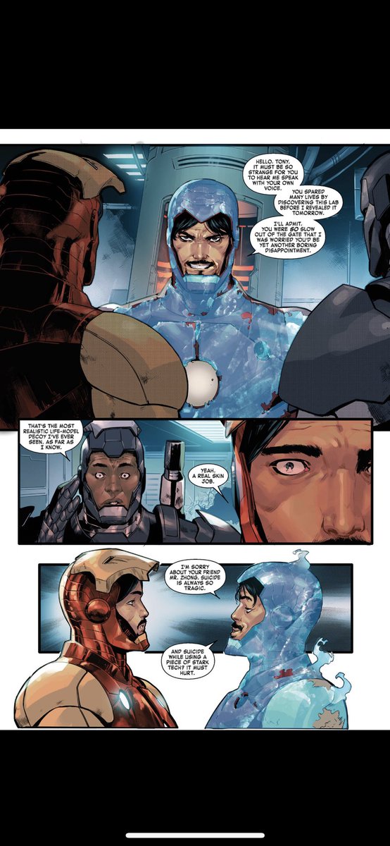 BrakeforDreams's tweet photo. #comicbeforebed Invincible Iron Man No. 3, February, 2023. Tony and Rhodey team up, then fight a Doppelgänger armor, and a Life-Model Decoy of Tony inside! 😀💥😱 #IronMan #MarvelComics #MarvelUnlimited @MarvelComicsHQ @MarvelUnlimited https://t.co/7QIkCXrYOW