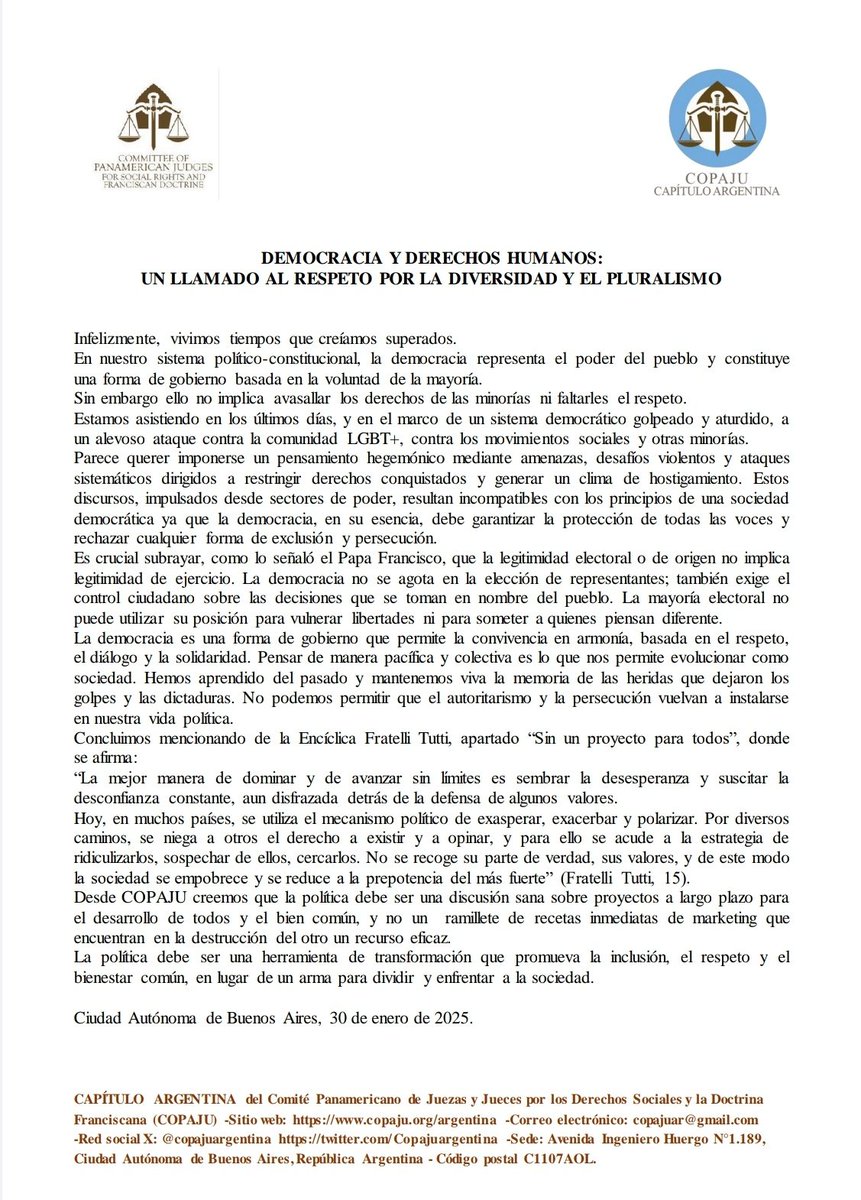 Copajuargentina's tweet photo. 🗣️ DEMOCRACIA Y DERECHOS HUMANOS: UN LLAMADO AL RESPETO POR LA DIVERSIDAD Y EL PLURALISMO 

👉🏼 Declaración del Capítulo Argentina de #COPAJU. https://t.co/d8PlZm3kc3
