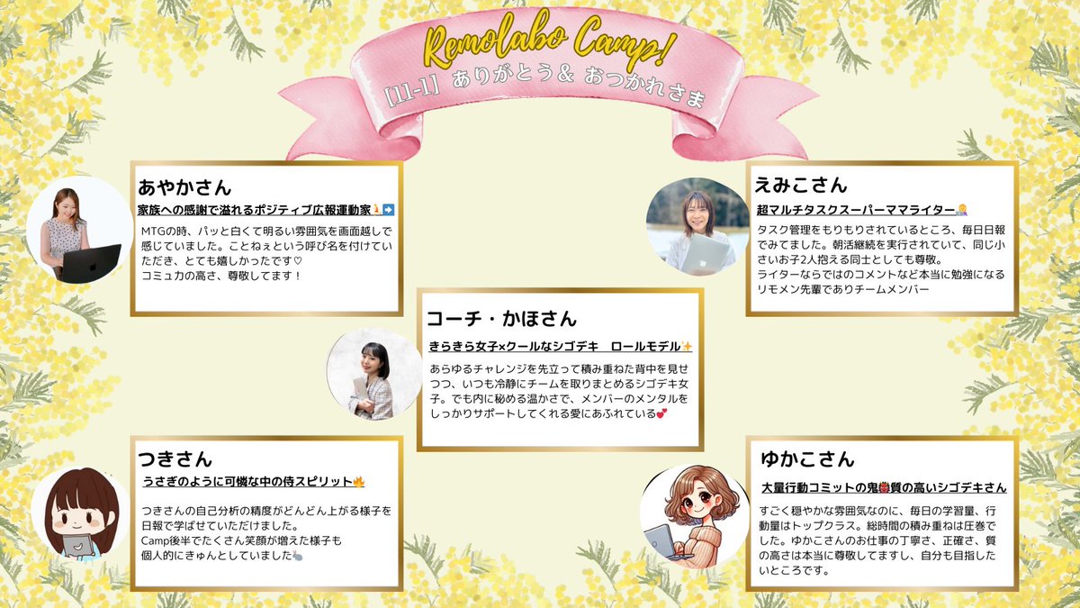 abe_sns_work's tweet photo. 【69日目】感謝と涙でいっぱい😢Camp最終チームミーティング

３カ月伴走してくれたコーチ、チームメンバーへ感謝の気持ちを目に見える形にしたくて「Camp完走おつかれさまカード」を作成。

全員に
✅褒めポイントのタイトル化で、称号を🎁
✅尊敬、学びの姿勢を簡潔にメッセージとしてまとめ

メンバーからは「バリバリ働くママなのに、茶目っ気あるギャップおもしろ」賞をいただきました。そう、わたし実はお茶目なところあります(照)

Campで得た一番の視点は、
「フリーランスという一見孤独な仕事こそ、人と関わる分だけ成長速度があがる。恐れるな。信じろ。」私のフリーランス人生、すごく素敵なスタートをできたことが誇りです。３カ月ありがとうございました。そしてこれからもっと進んでいきます。　#リモラボ

@kaho__work 
@ayaka__work 
@emikosnswriter 
@heartlight_t 
@yukako_work