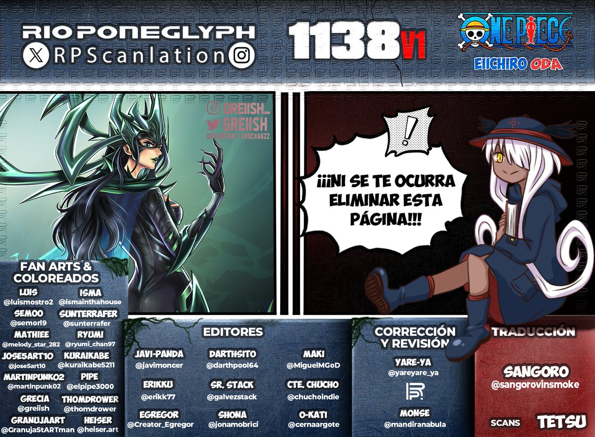Ya está aquí nuestra primera versión de #OnePiece1138, que la disfruten!! Recuerden que el finde sale la versión final con datos extra y glosario!
#OnePiece #RioPoneglyphScans 
Opción 1:  bit.ly/OP-1138v1-RPS-1
Opción 2: bit.ly/OP-1138v1-RPS-2
Descarga: bit.ly/descargas-rps-m