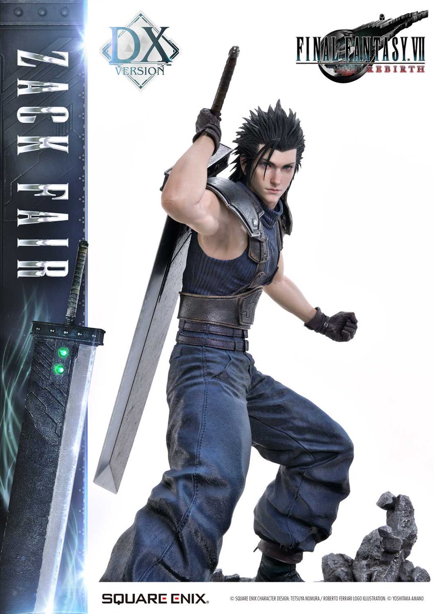 SQEX_MD_GOODS's tweet photo. スクウェア・エニックスとプライム１スタジオのタッグで贈る、ハイエンドコレクタブル「スクウェア・エニックス マスターライン」シリーズのラインナップに『ファイナルファンタジーVII リバース』から夢と希望を諦めない男、ザックス・フェアが登場！

DX版には、バスターソードの構えを変える左右の腕をご用意しました。背中の剣に手を掛ける。上段の構えから一撃を狙う。タイトルロゴスタンドも添えて、さまざまな物語を演出してください。
クラウド、セフィロスも好評予約受付中！
https://t.co/Z2ZdVwDxPM

#FF7リバース #FF7R #FF7 #FF #ファイナルファンタジー
